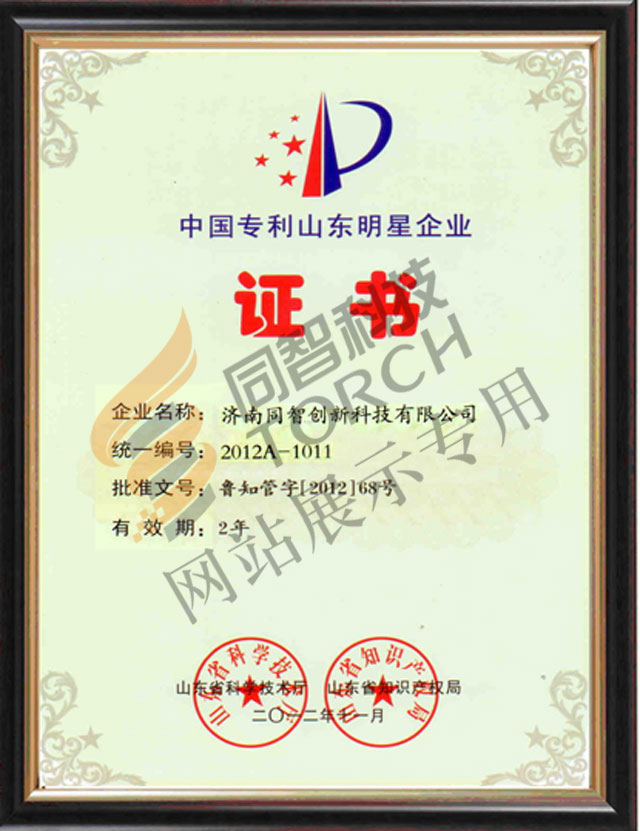 中國專利山東明星企業證書